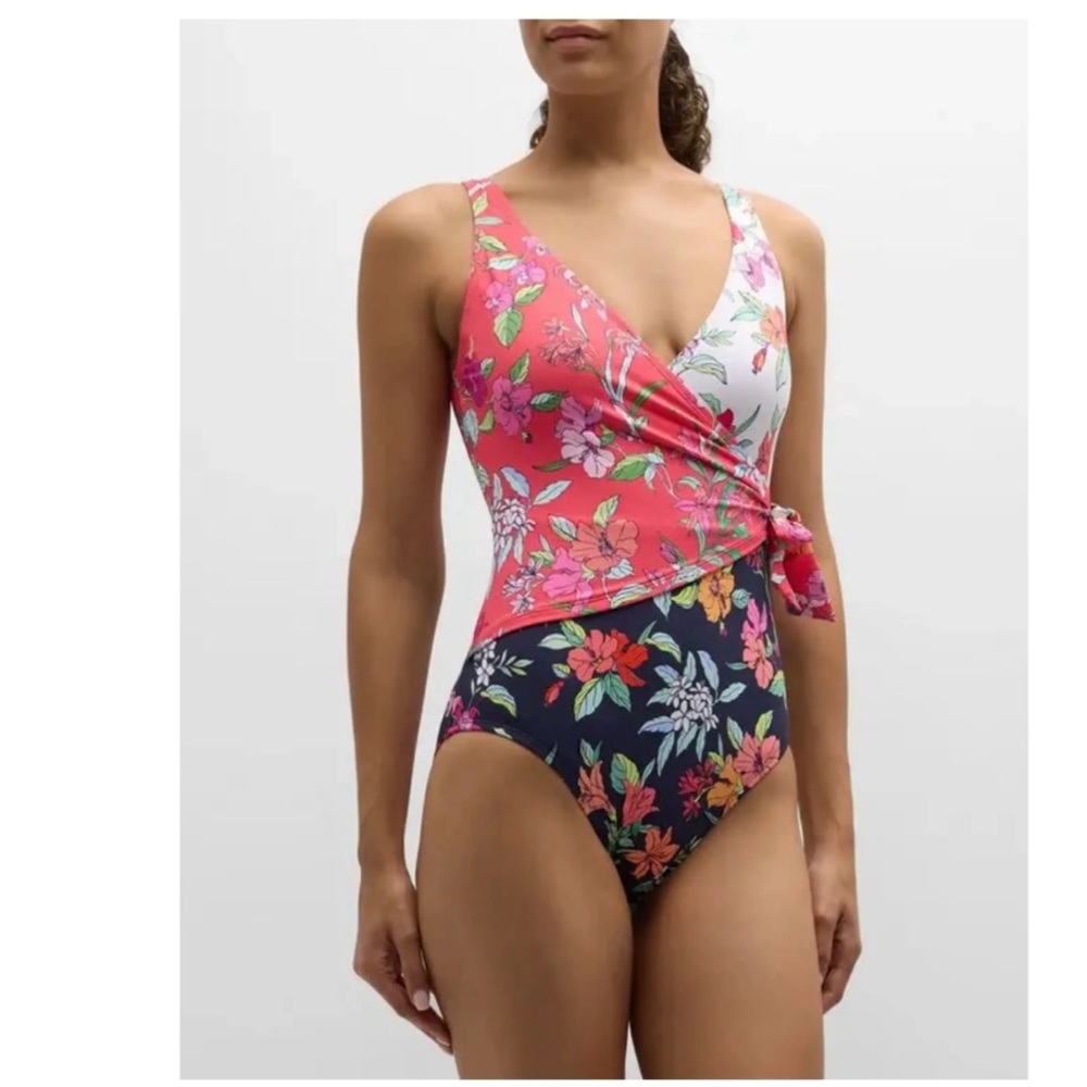 Tommy Bahama Coral White Navy Floral Wrap One-Piece Swimsuit